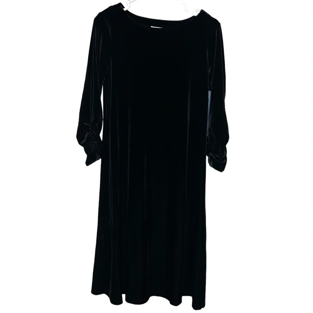 Susan Graver Black Velvet Velour Midi Dress Cinched Sleeve Small